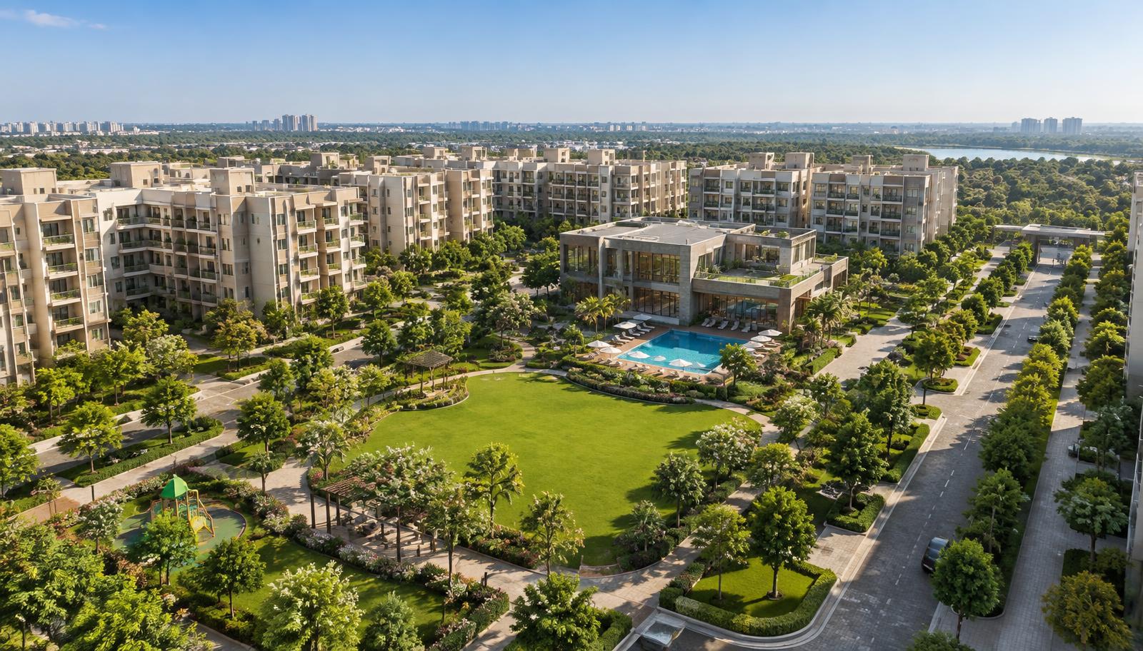 Planned YEIDA township with parks and tree-lined avenues
