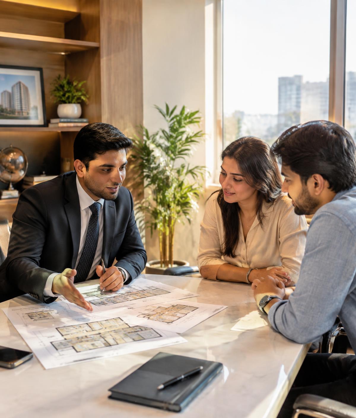 Property consultant discussing floor plans with clients